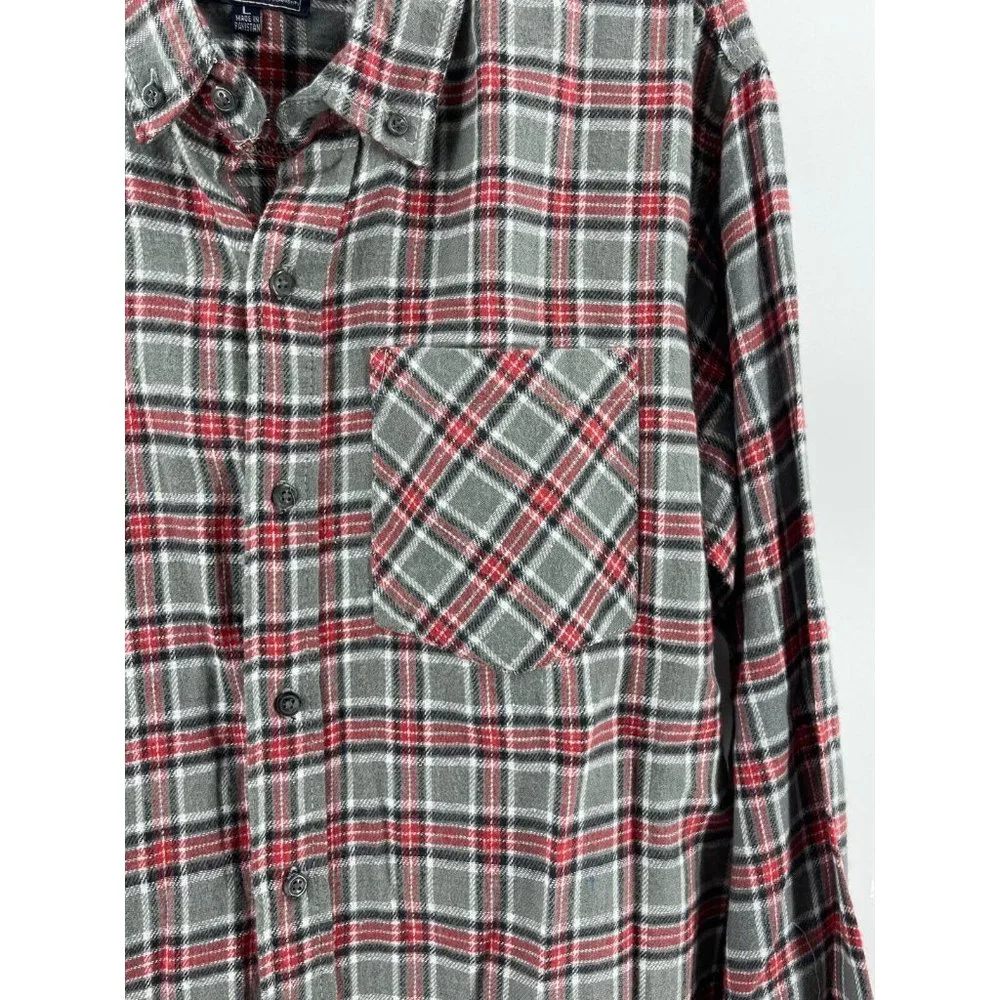 Jackson Hole Men's Gray Red Plaid Flannel Button Down Long Sleeve Shirt Size L